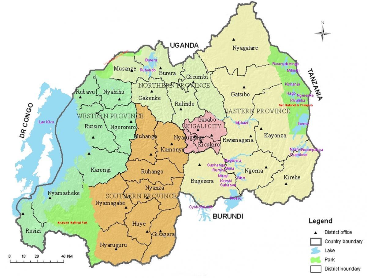 карта на Руанда со области и сектори